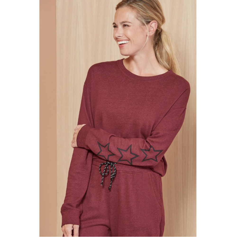 SUNDRY Evereve Varsity Star Pullover Crewneck Sweatshirt in Burgundy // M - Picture 3 of 9